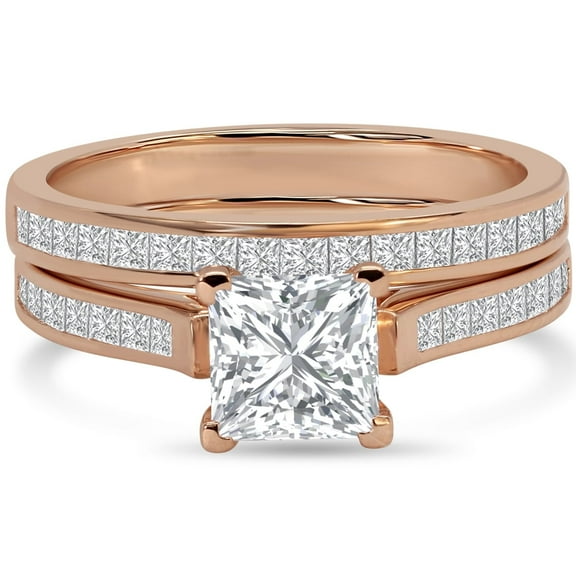 JeenMata 2 Carat Princess Cut Moissanite Wedding Set - Bridal Set - Channel Set Ring - Unique Ring - 18k Rose Gold Over Silver