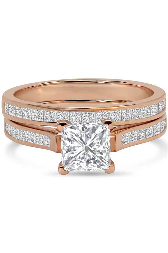 2 Carat Princess Cut Moissanite Wedding Set - Bridal Set - Channel Set Ring - Unique Ring - 18k Rose Gold Over Silver