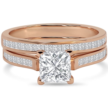 JeenMata 2 Carat Princess Cut Moissanite Wedding Set - Bridal Set - Channel Set Ring - Unique Ring - 18k Rose Gold Over Silver