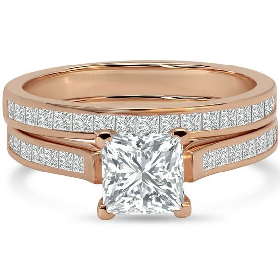 JeenMata 2 Carat Princess Cut Moissanite Wedding Set - Bridal Set - Channel Set Ring - Unique Ring - 18k Rose Gold Over Silver