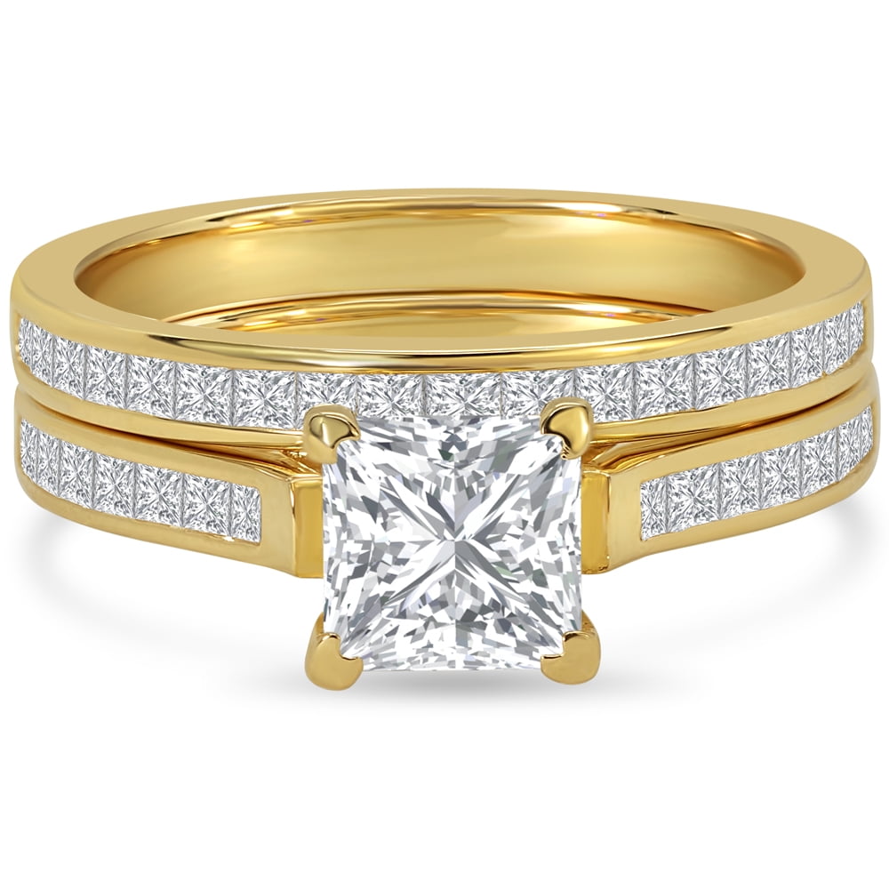 JeenMata 2 Carat Princess Cut Moissanite Wedding Set - Bridal Set - Channel Set Ring - Unique Ring - 18k Yellow Gold Over Silver