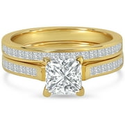 JeenMata 2 Carat Princess Cut Moissanite Wedding Set - Bridal Set - Channel Set Ring - Unique Ring - 18k Yellow Gold Over Silver