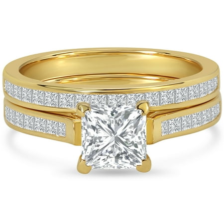 JeenMata 2 Carat Princess Cut Moissanite Wedding Set - Bridal Set - Channel Set Ring - Unique Ring - 18k Yellow Gold Over Silver