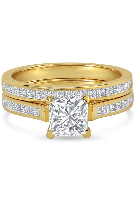 2 Carat Princess Cut Moissanite Wedding Set - Bridal Set - Channel Set Ring - Unique Ring - 18k Yellow Gold Over Silver