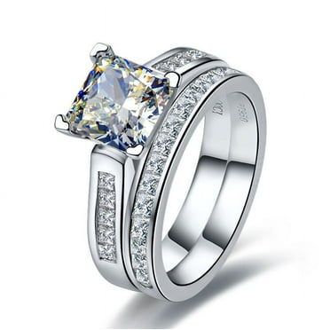 JeenMata 2 Carat Princess Cut Moissanite Wedding Set - Bridal Set - Engagement Ring - Channel Set Ring - Cluster Ring - 18k White Gold Over Silver