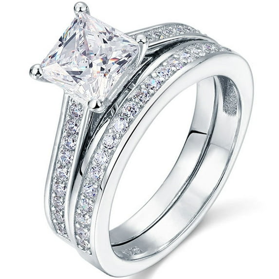 JeenMata 1 Carat Princess Cut Moissanite Wedding Set - Bridal Set - Engagement Ring - Channel Set Ring - Cluster Ring - 18k White Gold Plated for Women