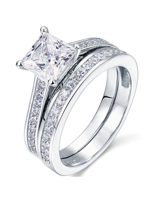 1 Carat Princess Cut Moissanite Wedding Set - Bridal Set - Engagement Ring - Channel Set Ring - Cluster Ring - 18k White Gold Plated for Women