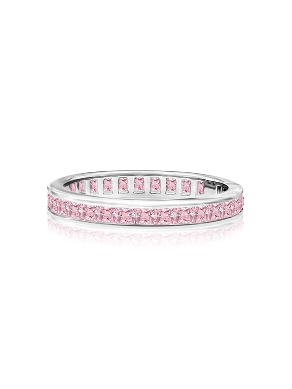 Stackable 2 Carat Princess Cut October - Pink Tourmaline - Birthstone Channel Set Wedding Band - Eternity Wedding Ring in 18K White Gold Over Silver