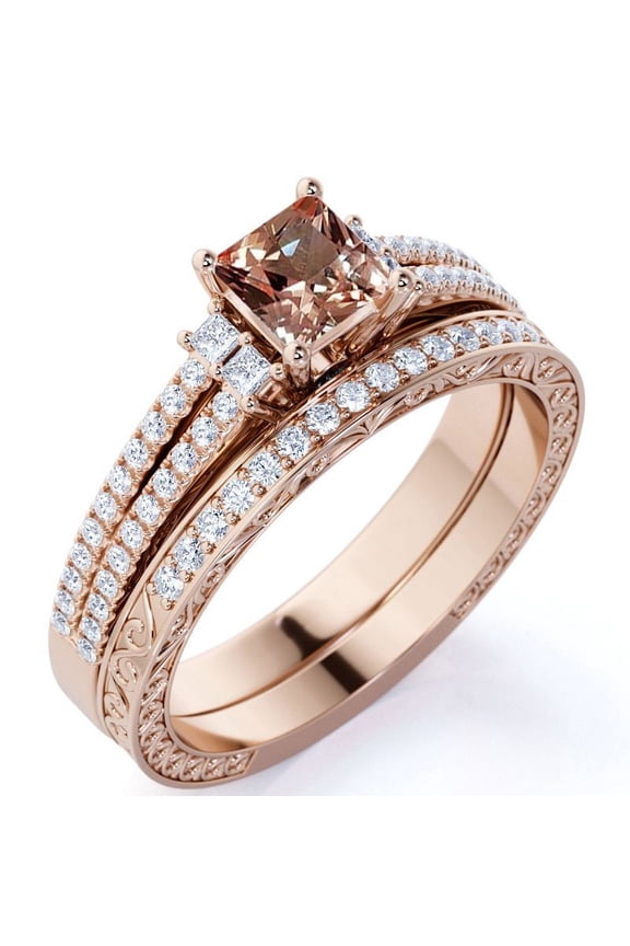 2 Carat Princess Cut created morganite Wedding Set - Bridal Set - Wedding Trio Set - Cluster Ring - 18k Rose Gold Over Silver