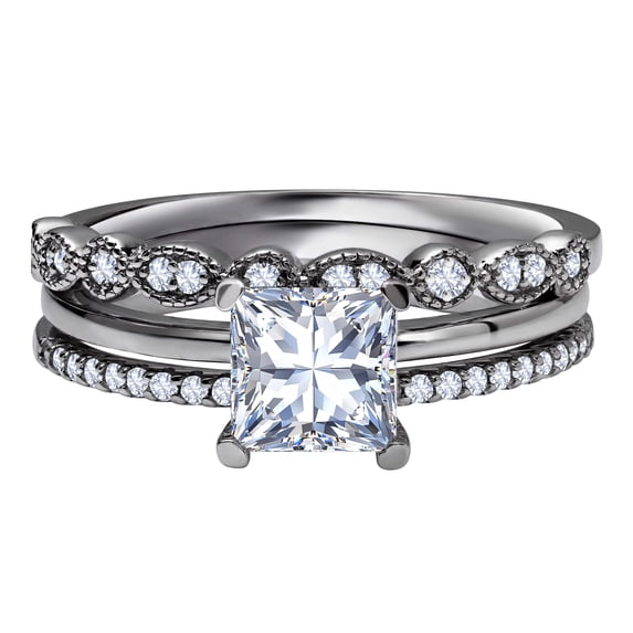 JeenMata 3.25 Carat Princess Wedding Ring Set - Bridal Set - Wedding Trio Set - Engagement Ring - Art Deco Ring - Promise Ring - Sterling Silver
