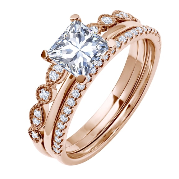 JeenMata 3.25 Carat Princess Wedding Ring Set - Bridal Set - Wedding Trio Set - Engagement Ring - Art Deco Ring - Promise Ring - Sterling Silver