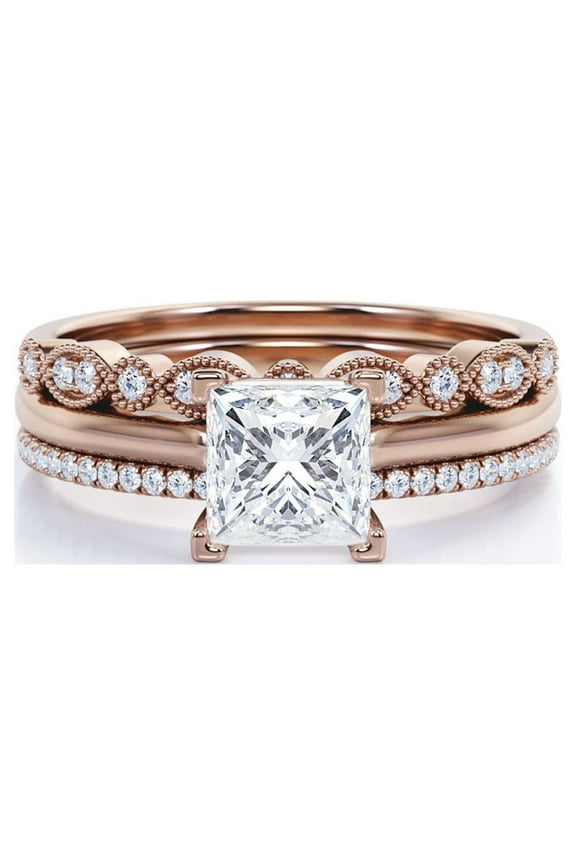 3.25 Carat Princess Wedding Ring Set - Bridal Set - Wedding Trio Set - Engagement Ring - Art Deco Ring - Promise Ring - Sterling Silver