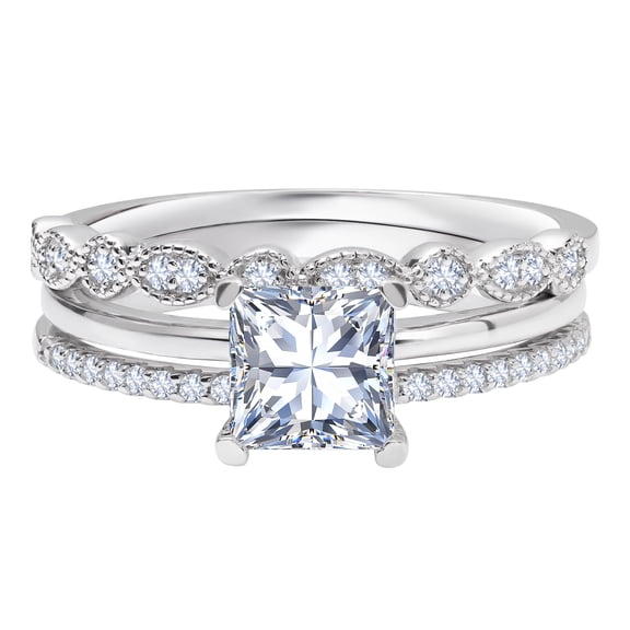 JeenMata 3.25 Carat Princess Wedding Ring Set - Bridal Set - Wedding Trio Set - Engagement Ring - Art Deco Ring - Promise Ring - Sterling Silver