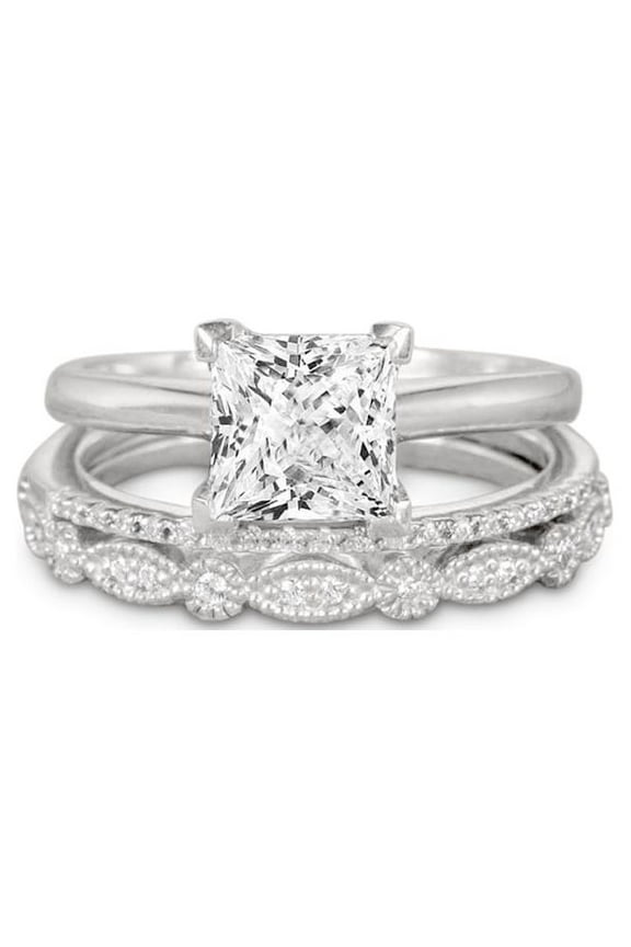 3.25 Carat Princess Wedding Ring Set - Bridal Set - Wedding Trio Set - Engagement Ring - Art Deco Ring - Promise Ring - Sterling Silver