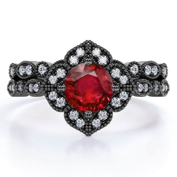 JeenMata 2 Carat Round Burmese Lab Created Ruby Bridal Ring Set - Vintage Ring - Antique Ring - 18k Black Gold over Silver
