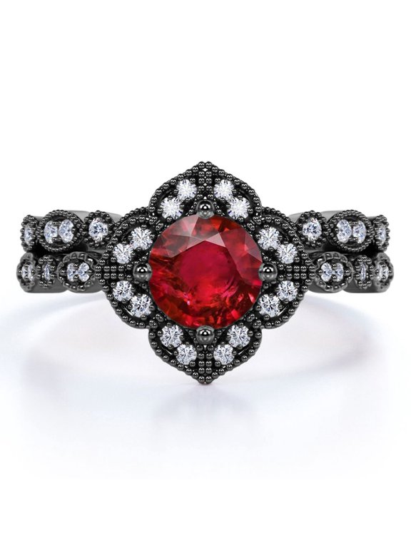 2 Carat Round Burmese Lab Created Ruby Bridal Ring Set - Vintage Ring - Antique Ring - 18k Black Gold over Silver