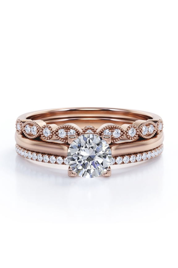 2.25 Carat Round Cut - Art Deco Milgrain Filigree - 4 Prong Pave Set - Solitaire Engagement Ring - Trio Bridal Ring Set - 18K Rose Gold Plating over Silver