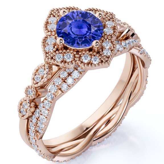 JeenMata 2 Carat Round Cut Handmade Dark Lab Created Blue Sapphire Wedding Ring Set in 18k Rose Gold over Silver