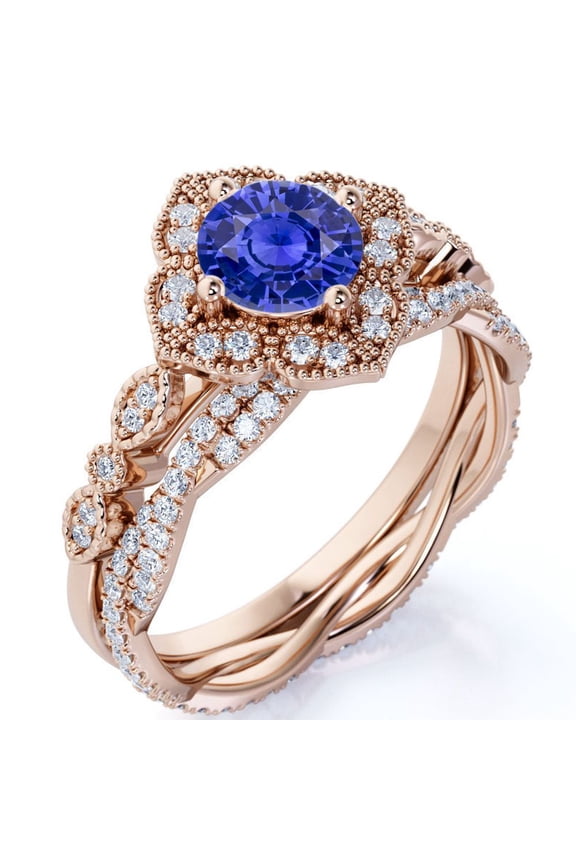 2 Carat Round Cut Handmade Dark Lab Created Blue Sapphire Wedding Ring Set in 18k Rose Gold over Silver