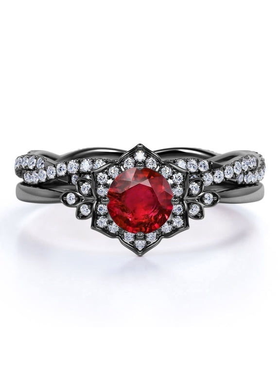 2 Carat Round Cut Minimalist Blood Red Lab Created Ruby Wedding Ring Set in 18k Black Gold over Silver