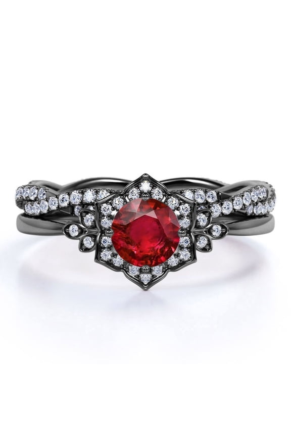 2 Carat Round Cut Minimalist Blood Red Lab Created Ruby Wedding Ring Set in 18k Black Gold over Silver