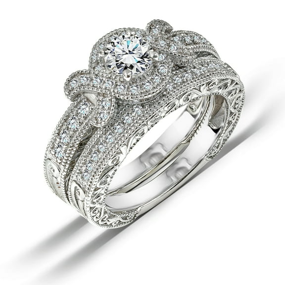 JeenMata 2 Carat Round Cut Moissanite Wedding Ring Set - Engraved Milgrain Bridal Set in 18K White Gold Over Silver