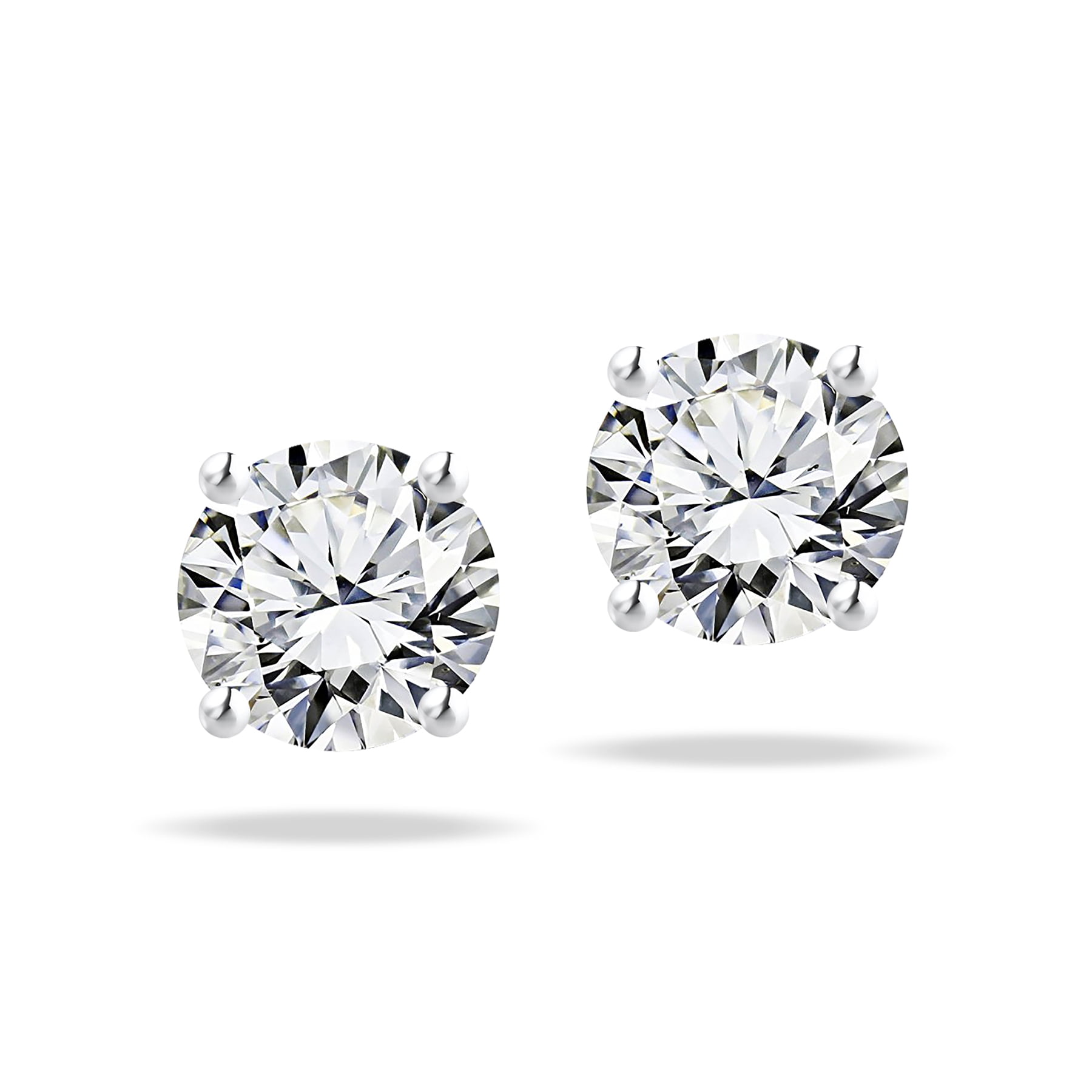 JeenMata 2 Carat Round Shaped Moissanite Solitaire Stud Earrings - 4 Prong  - In 18K White Gold Plating Over Silver