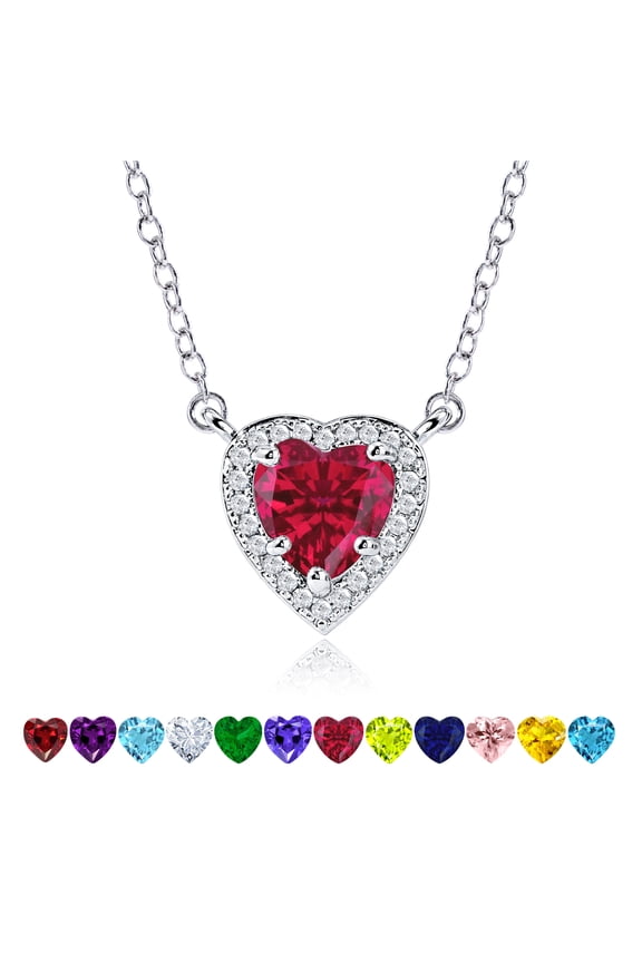 2 Carat Ruby - July Birthstone Elegant Heart Shaped Halo Pendant Necklace - 18K White Gold Plating for Women
