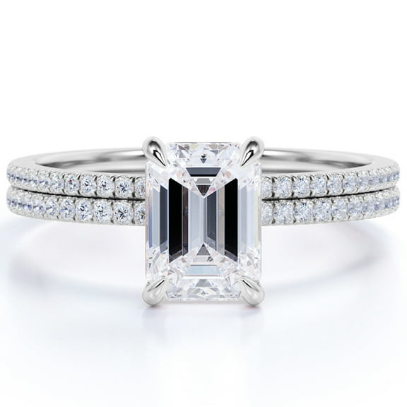 JeenMata 2 Emerald Cut Moissanite Wedding Ring Set in 18k White Gold Over Silver Elegant Ring
