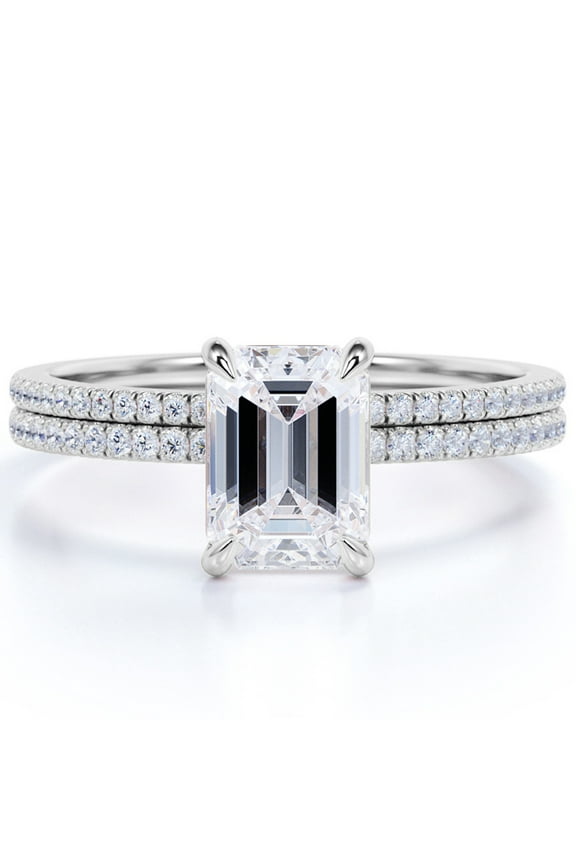 2 Emerald Cut Moissanite Wedding Ring Set in 18k White Gold Over Silver Elegant Ring