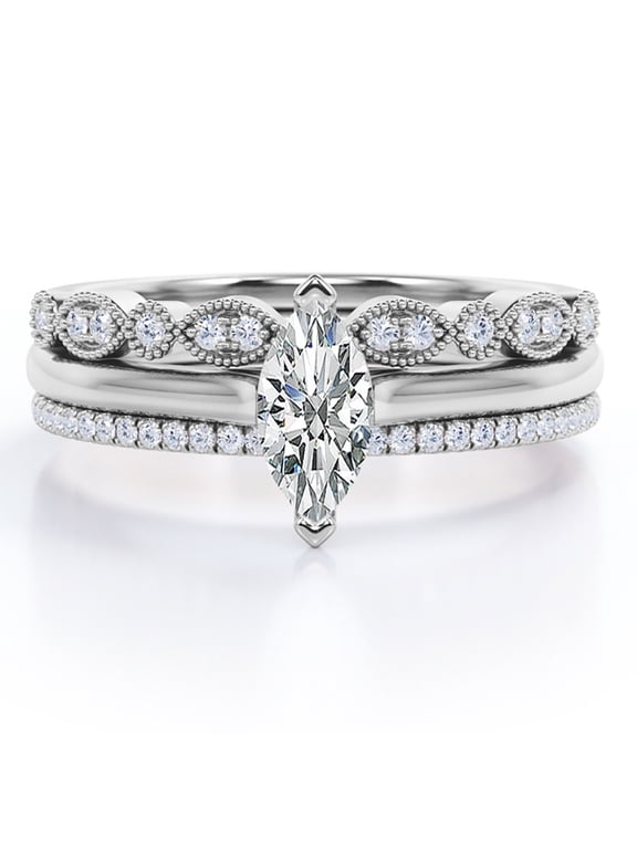 2 Prong Pave Set - 1.75 Carat Marquise Cut - Art Deco Milgrain Filigree - Solitaire Engagement Ring - Trio Bridal Ring Set - 18K White Gold Plating over Silver