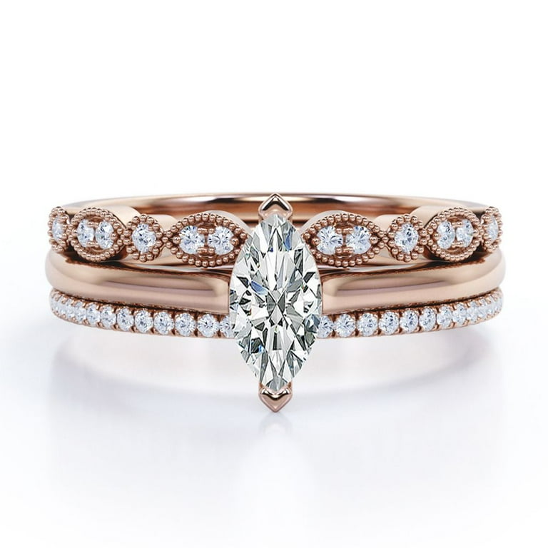 JeenMata 2 Prong Pave Set 2 Carat Marquise Cut Art Deco Milgrain Filigree Solitaire Engagement Ring Trio Bridal Ring Set 18K Rose Gold