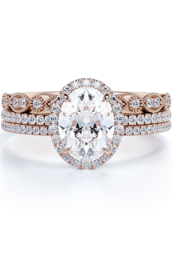 2 carat Oval Cut Moissanite with 2 Matching Bands in 18k Rose Gold Over Silver Elegant Ring