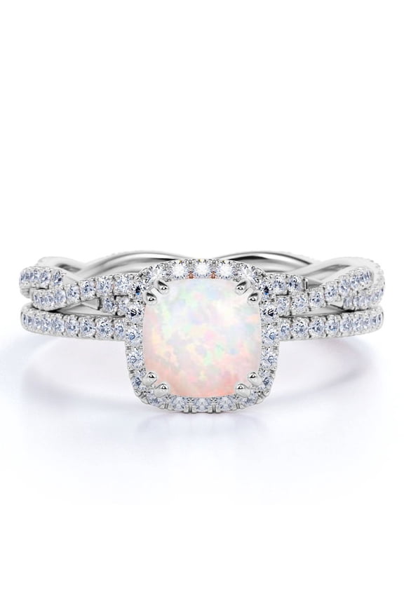 2 ct Cushion Cut Real Opal and Moissanite Bridal Ring Set in 18K White Gold over Silver
