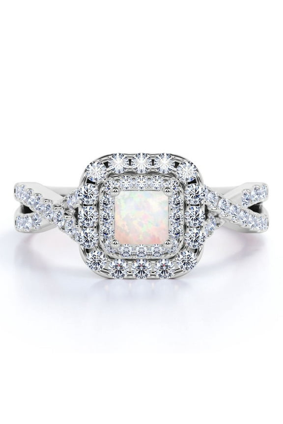 2 ct Square Natural White Opal Infinity Filigree Ring in 18k White Gold over Silver