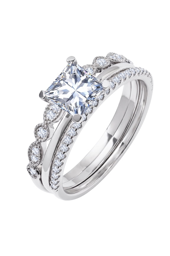 3.25 Carat Princess Wedding Ring Set - Bridal Set - Wedding Trio Set - Engagement Ring - Art Deco Ring - Promise Ring - Sterling Silver