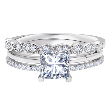 JeenMata 3.25 Carat Princess Wedding Ring Set - Bridal Set - Wedding Trio Set - Engagement Ring - Art Deco Ring - Promise Ring - Sterling Silver