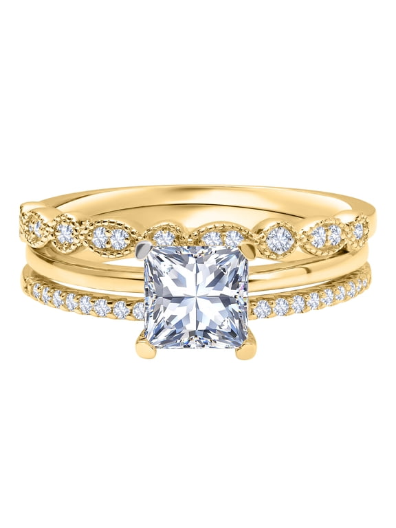 3.25 Carat Princess Wedding Ring Set - Bridal Set - Wedding Trio Set - Engagement Ring - Art Deco Ring - Promise Ring - Sterling Silver