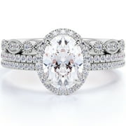 JEENMATA Unique 2 Carat Real Moissanite Wedding Trio Ring Set with Engagement Ring and 2 Wedding Bands in 18k Gold Plating for Women