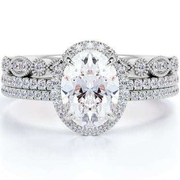 JeenMata Unique 2 Carat Real Moissanite Wedding Trio Ring Set with Engagement Ring and 2 Wedding Bands in 18k Gold Over Silver