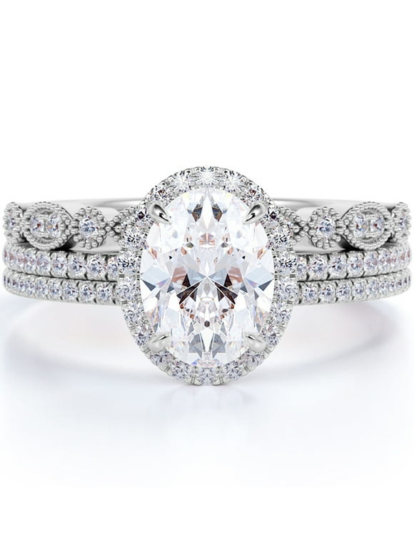 Unique 2 Carat Real Moissanite Wedding Trio Ring Set with Engagement Ring and 2 Wedding Bands in 18k Gold Plating for Women