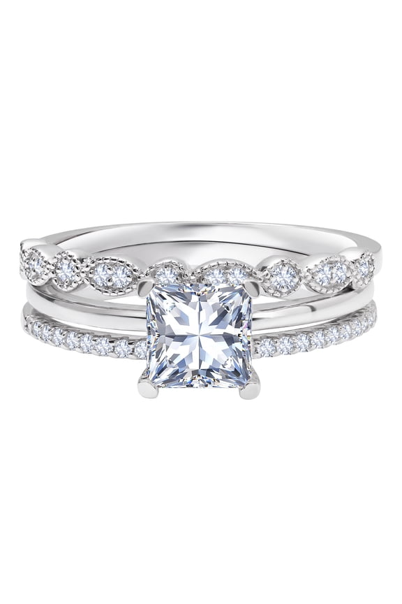 3.25 Carat Princess Wedding Ring Set - Bridal Set - Wedding Trio Set - Engagement Ring - Art Deco Ring - Promise Ring - Sterling Silver