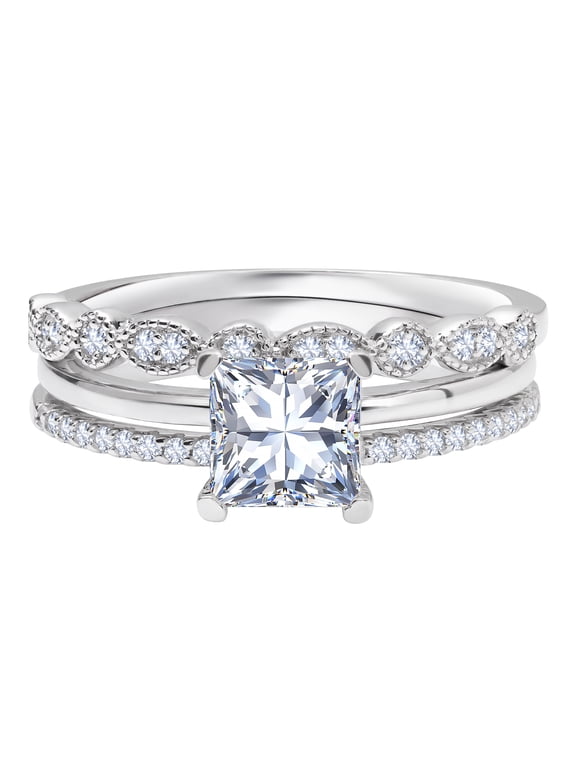 3.25 Carat Princess Wedding Ring Set - Bridal Set - Wedding Trio Set - Engagement Ring - Art Deco Ring - Promise Ring - Sterling Silver