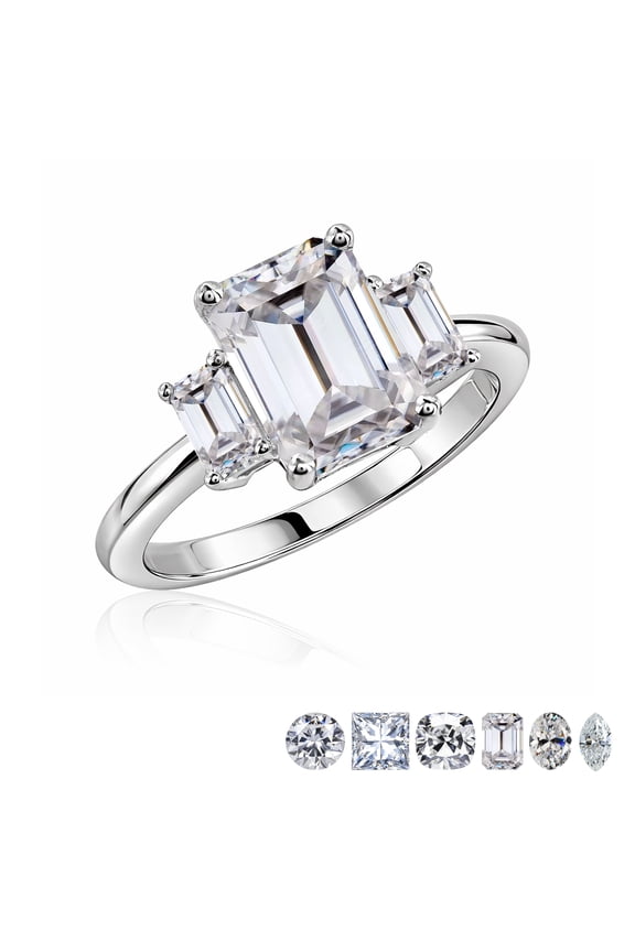 3.25 Carat Emerald Cut Moissanite Rings - Three Stone Engagement Rings in 18K White Gold Plating for Women