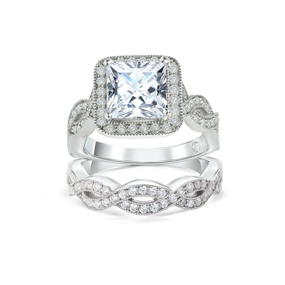 JeenMata 3.3 Carat Princess Cut Moissanite Infinity Wedding Rings Set with Hidden Stone - in 18K White Gold Plating for Women