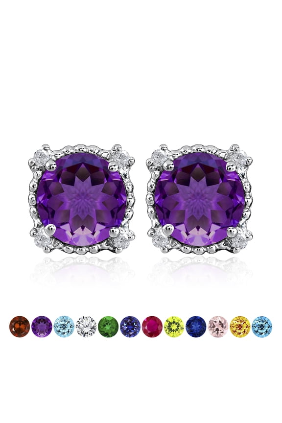 3.5 Carat Round Cut February Birthstone Stud Earrings - Halo Milgrain Earrings in 18K White Gold Plating for Women