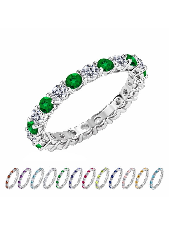 3.5 Carat Round Cut May Birthstone - Multicolor Eternity Wedding Band - Emerald & Cubic Zirconia Rings in 18K White Gold Plating for Women