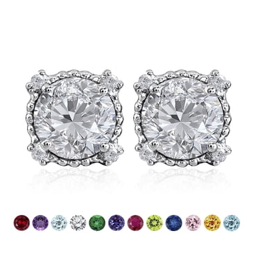 JeenMata 3.5 Carat Round Cut April Birthstone Stud Earrings - Halo Milgrain Earrings in 18K White Gold Plating for Women