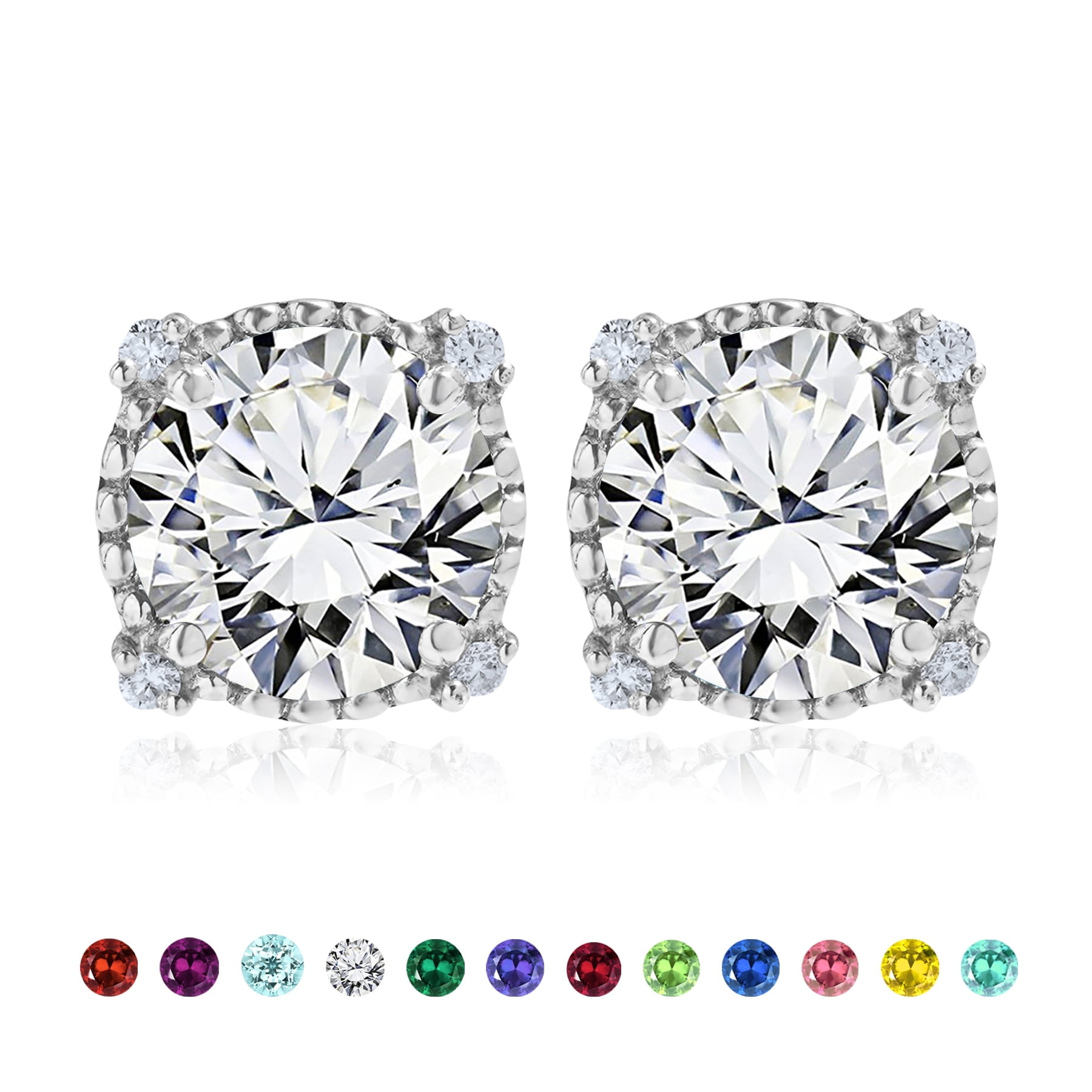 JeenMata 3.5 Carat Round Cut April Birthstone Stud Earrings - Halo Milgrain Earrings in 18K White Gold over Silver