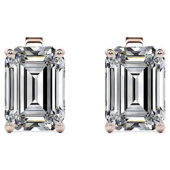 JeenMata 3 Carat Emerald Cut Moissanite - Minimalist Solitaire Stud Earrings - 18K Rose Gold Plating Over Silver